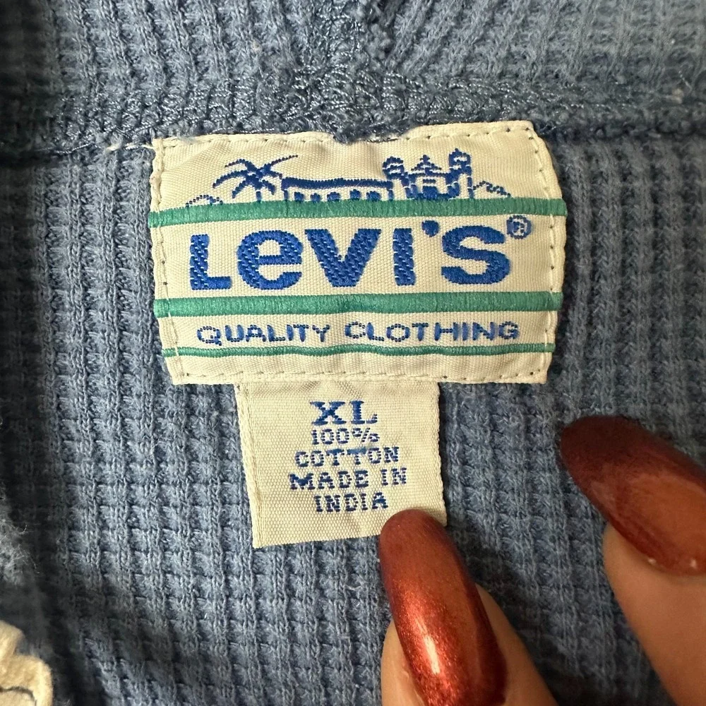 Vintage Levis Mens XL Blue Waffle Knit Thermal‎ Hoodie Long Sleeve Cotton Shirt